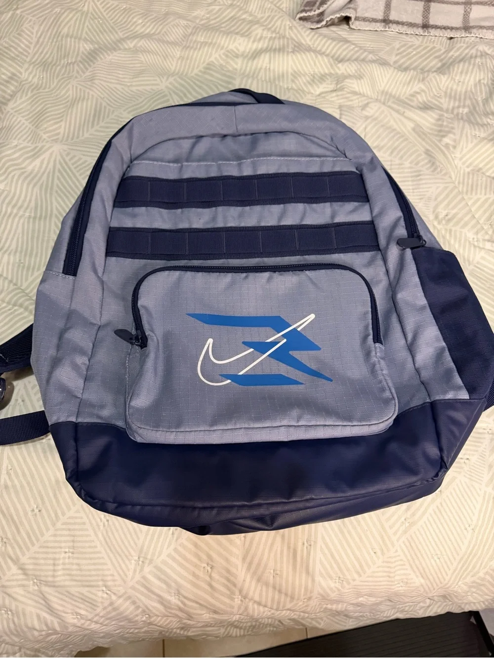 Nike Men's Light Blue and Navy Backpack with Front Pocket